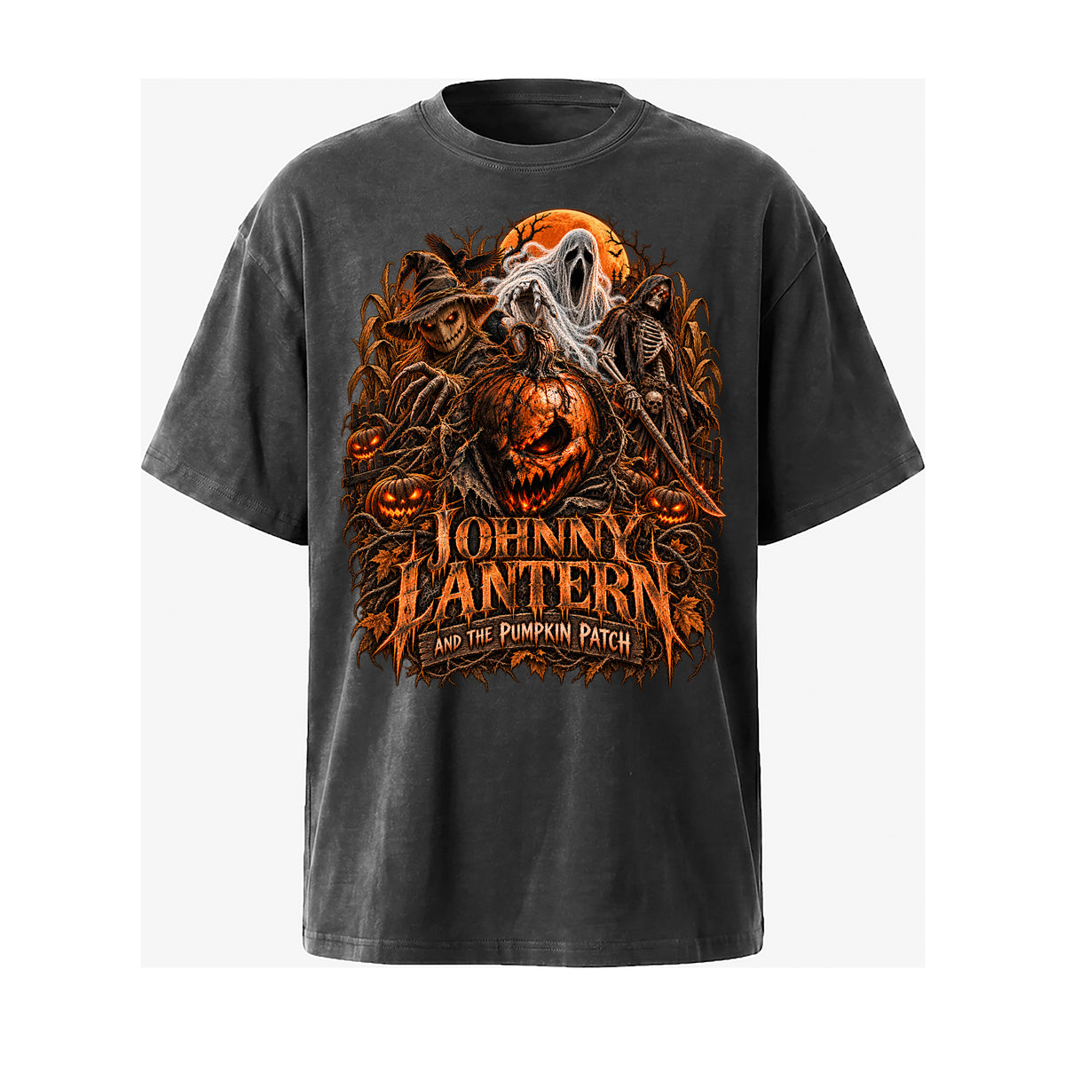 Johnny Lantern and the Pumpkin Patch — Vintage Black Mineral-Washed T-Shirt