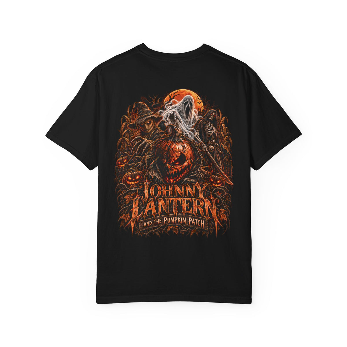 Johnny Lantern and the Pumpkin Patch — Black Garment-Dyed T-Shirt